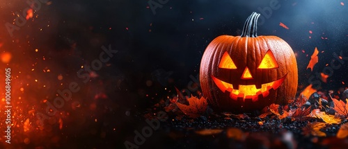  A jack-o-lantern atop leaves against a dark backdrop..Or:..Jack-o'-lantern on leaf pile, dark background