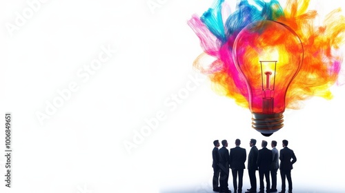 Group of people looking at a colorful lightbulb, representing ideas, innovation, and creativity. Silhouettes on a bright background.