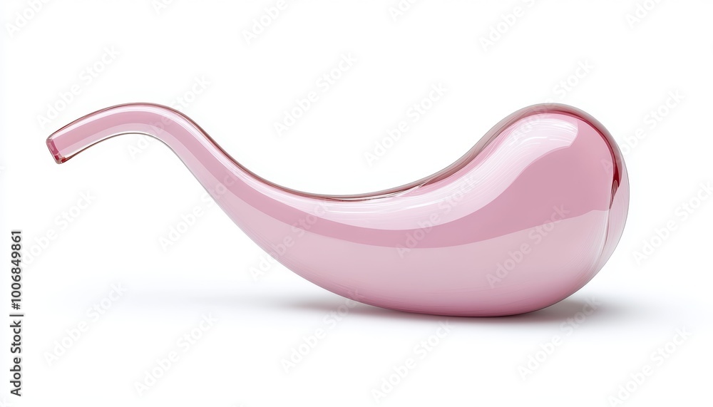 A 3D model of a human stomach isolated on a white background, showing the organ's smooth, curved shape and anatomical features. A 3D model of a human stomach isolated on a white background, showing the organ's smooth, curved shape and anatomical features.