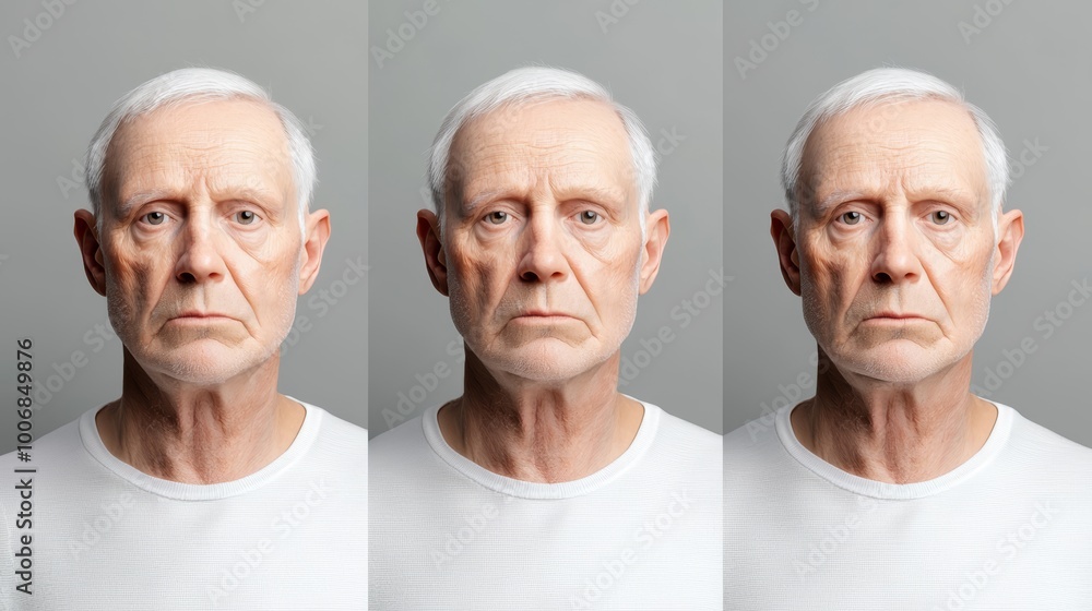 A 3D model of a human face aging over time, highlighting the gradual loss of symmetry in the cheeks, eyes, and forehead due to the skin's natural decline in elasticity. A 3D model of a human face aging over time, highlighting the gradual loss of symmetry in the cheeks, eyes, and forehead due to the skin's natural decline in elasticity.