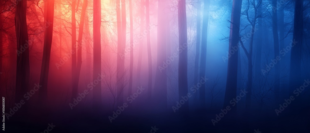 A forest teeming with tall trees, shrouded in fog of red, blue, and green hues, underlined by the soft light of dusk A forest teeming with tall trees, shrouded in fog of red, blue, and green hues, underlined by the soft light of dusk