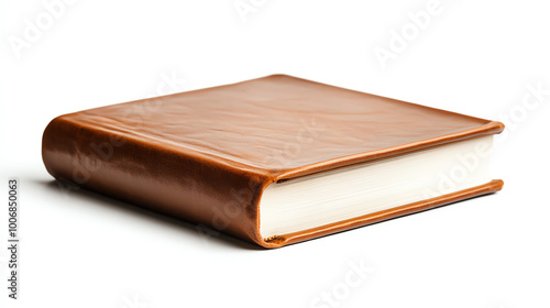 Brown leather-bound book on a white isolated background.