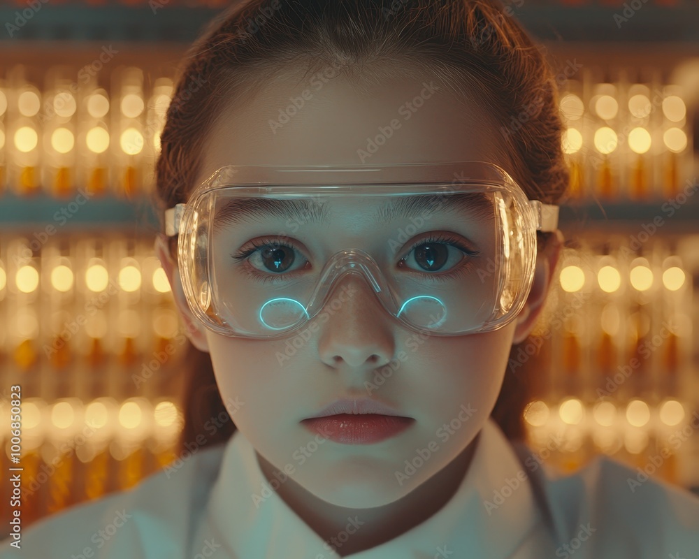 Intense Curiosity Closeup Portrait of Young Girl in Safety Goggles with Reflective Blue Light, Laboratory Setting Intense Curiosity Closeup Portrait of Young Girl in Safety Goggles with Reflective Blue Light, Laboratory Setting
