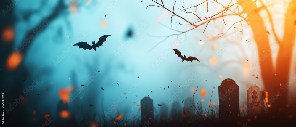 A cemetery with bats flying overhead and another in the foreground A cemetery with bats flying overhead and another in the foreground
