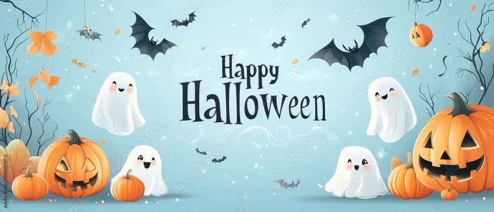 illustration of a Halloween background with cute cartoon pumpkins, ghosts, and bats on a light blue banner that reads illustration of a Halloween background with cute cartoon pumpkins, ghosts, and bats on a light blue banner that reads
