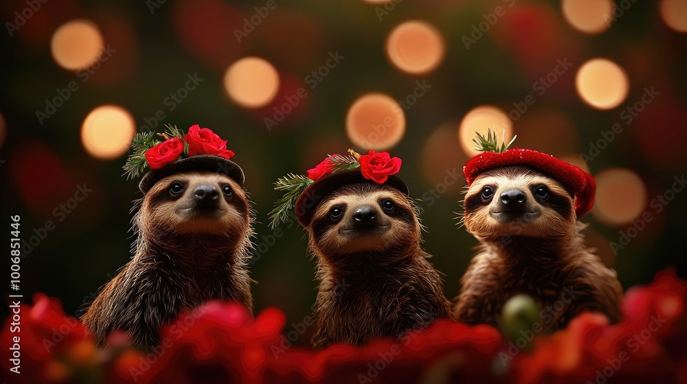 Fototapeta premium Three sloths wearing festive hats, surrounded by colorful flowers, blurred background