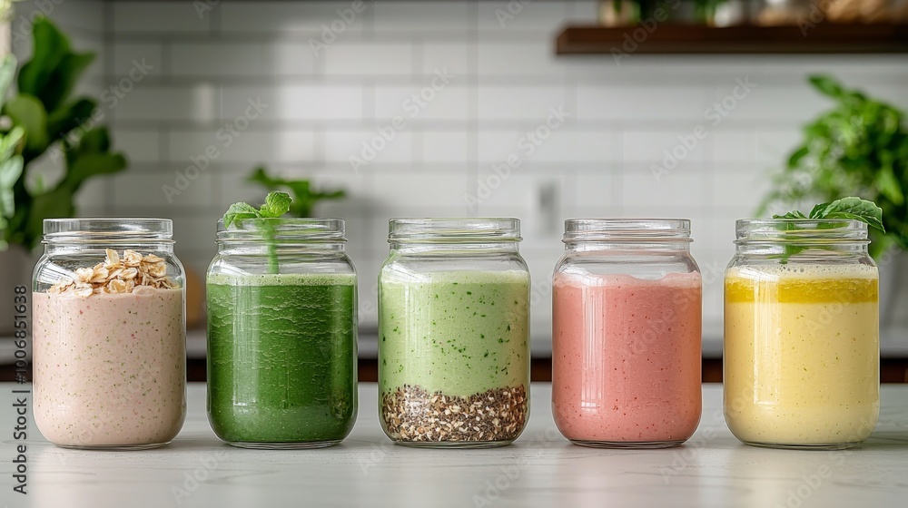 Vibrant Liquid Refreshments in Glass Jars on White Countertop Colorful Wellness Elixirs in Kitchen Setting Vibrant Liquid Refreshments in Glass Jars on White Countertop Colorful Wellness Elixirs in Kitchen Setting