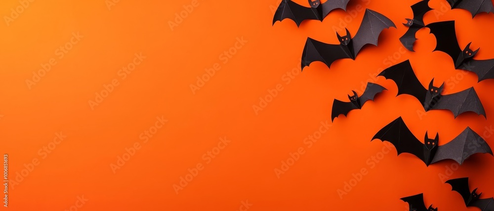 A group of bats in flight against an orange backdrop, casting shadows on the left side A group of bats in flight against an orange backdrop, casting shadows on the left side