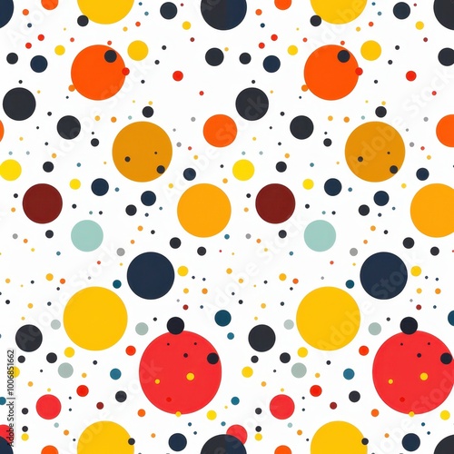 Colorful polka dot pattern featuring various sizes of red, yellow, blue, and black circles on a white background.