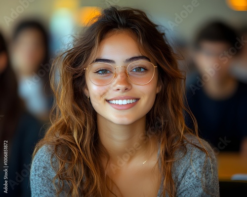 happy female student attending university class, smiling at the camera. education and university life, student participation and confidence, happy learning environment