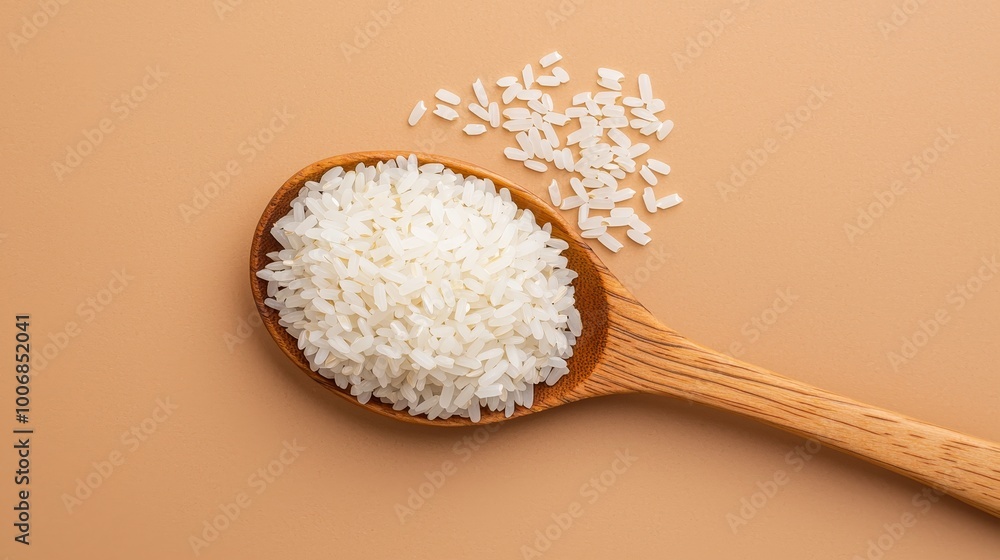 Rustic Wooden Spoon with White Rice on Neutral Background - Minimalist Food Concept Rustic Wooden Spoon with White Rice on Neutral Background - Minimalist Food Concept