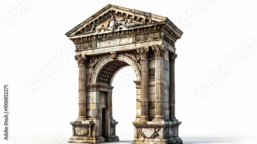 A classical archway with intricate carvings, symbolizing historical architecture.