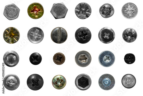 Overhead view of a neatly arranged collection of assorted screws and bolts, displaying a variety of shapes and sizes, against a transparent background.