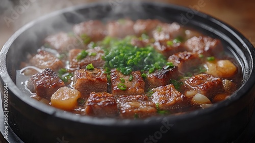 Steaming Hot Pot of Beef and Vegetables