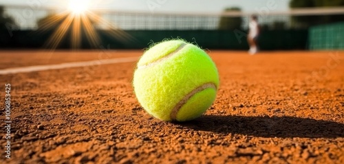 Golden Glow Closeup of Vibrant Yellow Tennis Ball on Clay Court, Sunset Light, Sports Leisure Concept