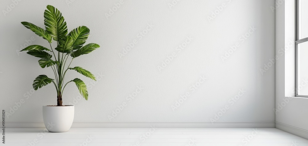 Serene Minimalist Interior with Leafy Plant, Modern White Wall, and Soft Lighting Serene Minimalist Interior with Leafy Plant, Modern White Wall, and Soft Lighting