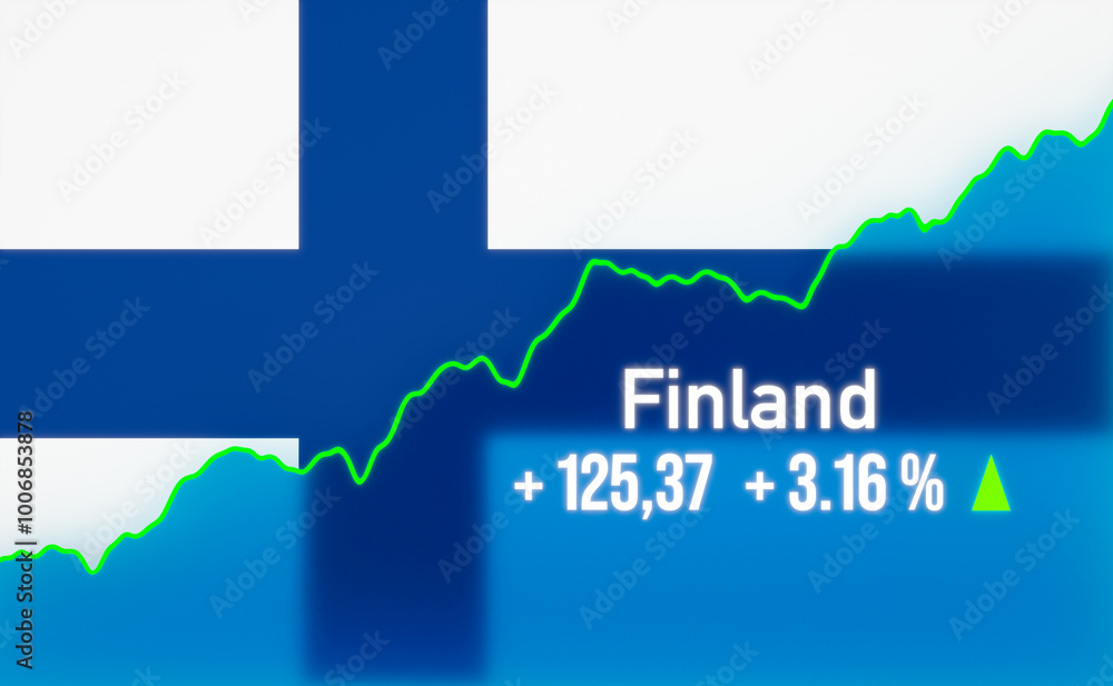 Finland stock market up. Rising chart with Finish flag. Bull market, growth, stock market rally, positive trend, strong business, investment, trading, success. Finland stock market up. Rising chart with Finish flag. Bull market, growth, stock market rally, positive trend, strong business, investment, trading, success.