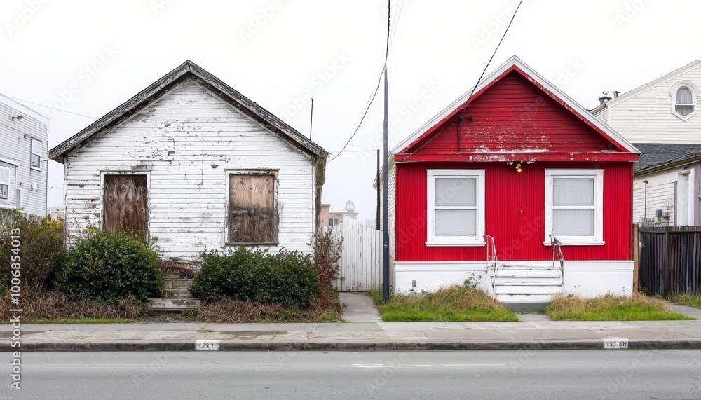 A rundown home with overgrown bushes and cracked walls, next to its renovated version with fresh landscaping, smooth white walls, and modern light fixtures. A rundown home with overgrown bushes and cracked walls, next to its renovated version with fresh landscaping, smooth white walls, and modern light fixtures.