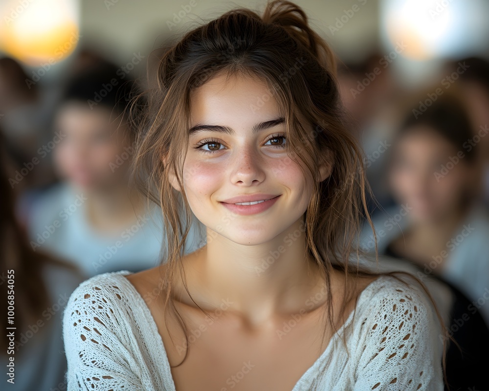 happy female student attending university class, smiling at the camera. education and university life, student participation and confidence, happy learning environment happy female student attending university class, smiling at the camera. education and university life, student participation and confidence, happy learning environment