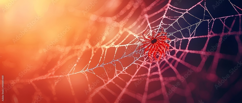 A tight shot of a spider's web with a crimson hub in its center A tight shot of a spider's web with a crimson hub in its center