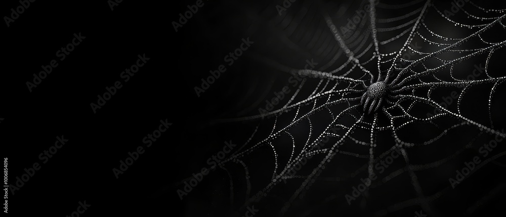 A black-and-white image of a spider web, adorned with dewdrops A black-and-white image of a spider web, adorned with dewdrops
