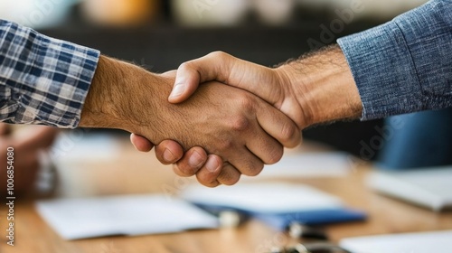 Close-up of a handshake between a real estate agent and a client, contract and keys visible on the table, sealing a property deal.