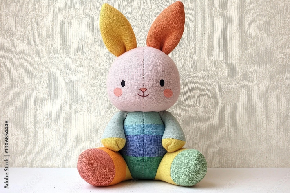 Fototapeta premium Adorable Pastel Plush Toy Rabbit on White Shelf Against Textured Beige Wall - Soft and Cheerful Kid's Room Decor