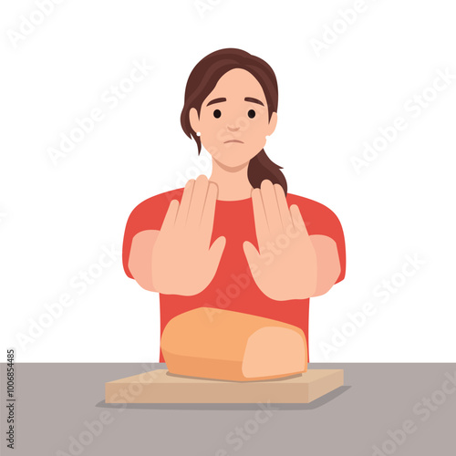 Frustrated woman refuses bread due to allergies and gluten intolerance. Flat vector illustration isolated on white background