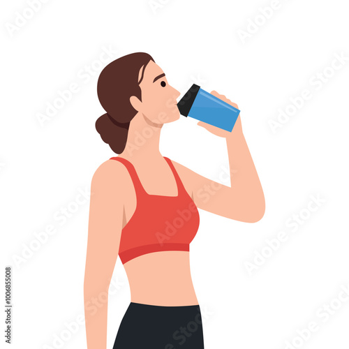 Woman drinking protein shake after workout. Flat vector illustration isolated on white background