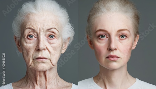 A study of facial symmetry in older adults, showing how the loss of collagen and muscle tone leads to noticeable asymmetries compared to their younger selves.