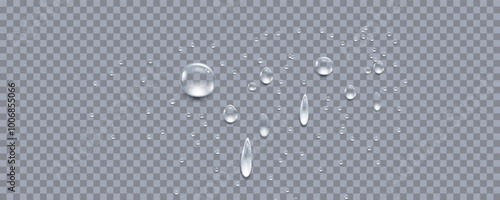 Rain transparent drops flow down the glass.Realistic wet condensation texture.Fresh water splash effect on the surface.Liquid spreading droplet shapes.