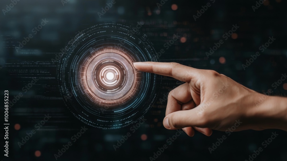 Fototapeta premium Futuristic Interaction Hand Reaching Circular Digital Interface in Dark Tech Environment