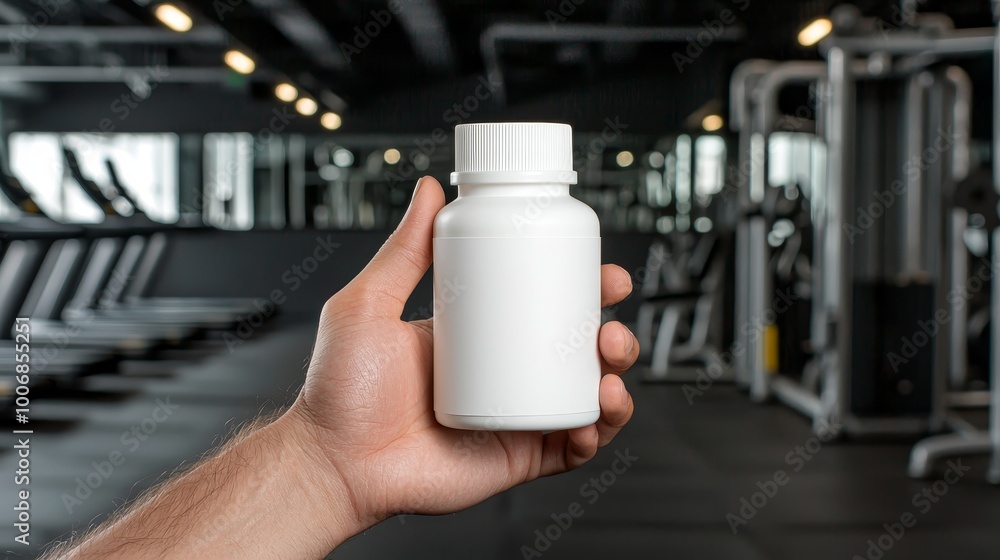 Fitness Essentials Close-Up of White Plastic Bottle in Gym Setting - Health and Wellness Concept Fitness Essentials Close-Up of White Plastic Bottle in Gym Setting - Health and Wellness Concept