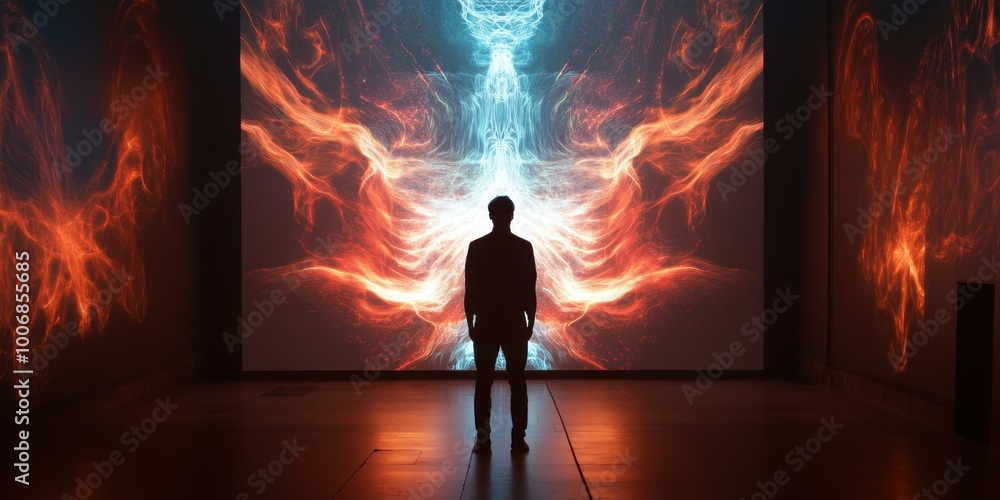 a man standing in front of a large wall of fire a man standing in front of a large wall of fire