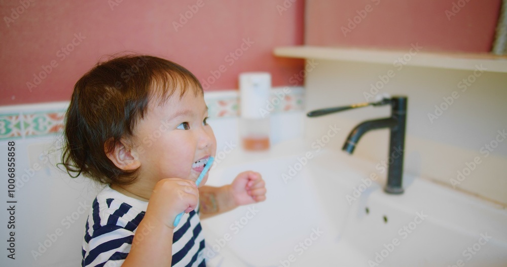 Happy Adorable little Child Brushing Teeth Smiling in Bathroom Morning Routine at Home Interior, showcasing a morning hygiene routine and healthy habits, Personal Care, Family Life, Childhood Moments Happy Adorable little Child Brushing Teeth Smiling in Bathroom Morning Routine at Home Interior, showcasing a morning hygiene routine and healthy habits, Personal Care, Family Life, Childhood Moments