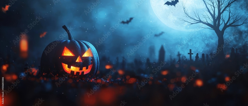 A Halloween pumpkin in a field's center, surrounded by bats and a full moon looming behind A Halloween pumpkin in a field's center, surrounded by bats and a full moon looming behind