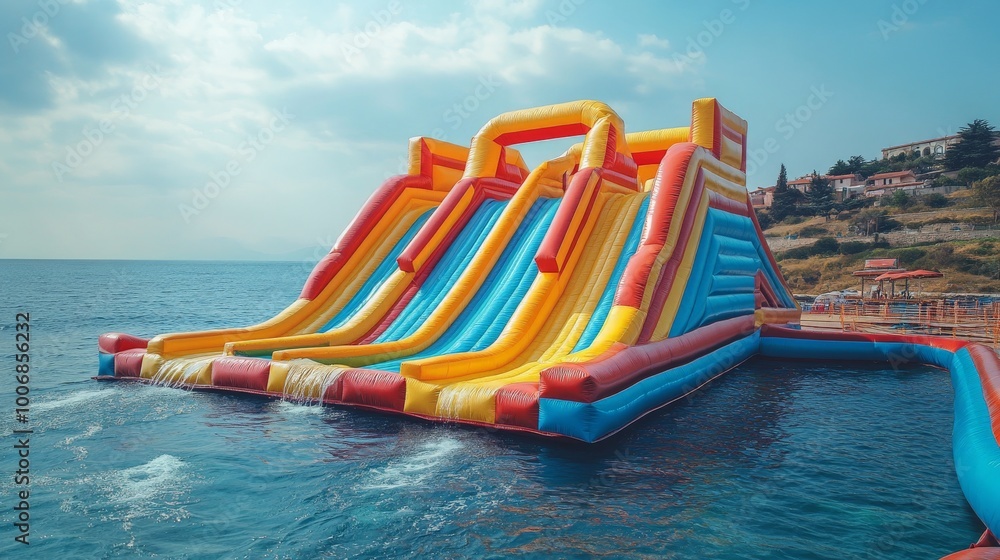 Fototapeta premium Inflatable bounce house water slide on the sea
