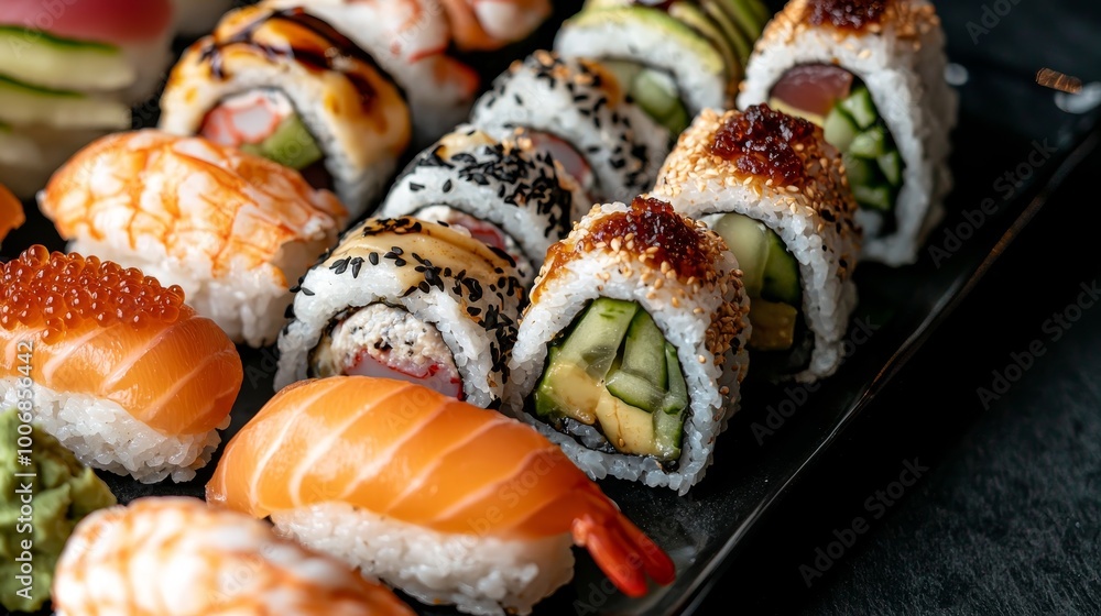 Gourmet Sushi Delight Close-Up Assorted Sushi Rolls on Black Plate with Vibrant Textures and Earthy Tones, Luxurious Japanese Cuisine Concept Gourmet Sushi Delight Close-Up Assorted Sushi Rolls on Black Plate with Vibrant Textures and Earthy Tones, Luxurious Japanese Cuisine Concept