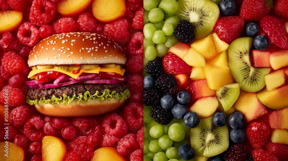 An image split perfectly down the middle, with a loaded hamburger on the left and a vibrant collection of mixed fruits on the right, representing the balance between indulgence and health. An image split perfectly down the middle, with a loaded hamburger on the left and a vibrant collection of mixed fruits on the right, representing the balance between indulgence and health.