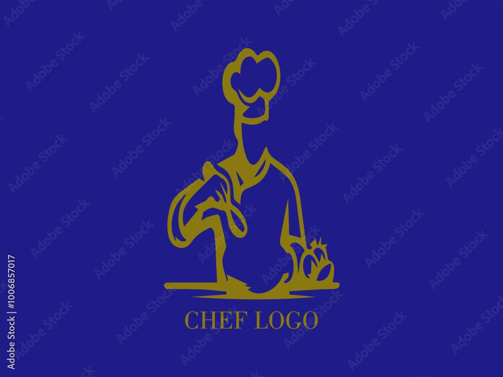 Fototapeta premium Cook, chef preparing a dish, logo design with blue background and yellow gold color image, restaurant and catering, design and vector illustration