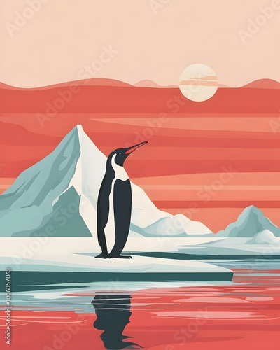 A lone penguin stands on a small ice floe, gazing out at the red-tinged sunset over the icy landscape. photo