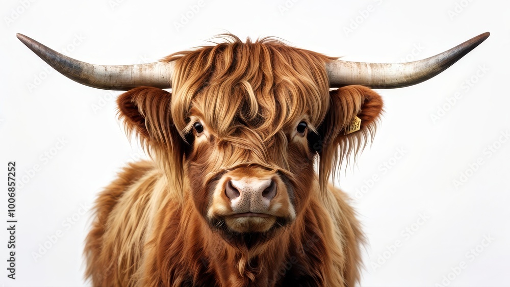 A close-up of a Highland cow with long, shaggy fur and prominent horns against a white background. A close-up of a Highland cow with long, shaggy fur and prominent horns against a white background.