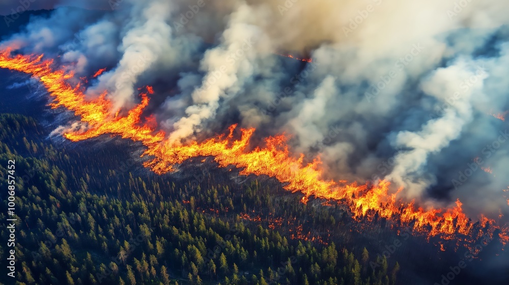 Aerial view of a massive wildfire spreading through a dense forest, a wall of flames and smoke advancing, rapid devastation across the landscape, selective focus
Aerial view of a massive wildfire spreading through a dense forest, a wall of flames and smoke advancing, rapid devastation across the landscape, selective focus