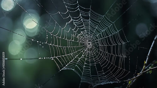 abstract eerie glowing black closeup of a spiderweb on misty background, bokeh background