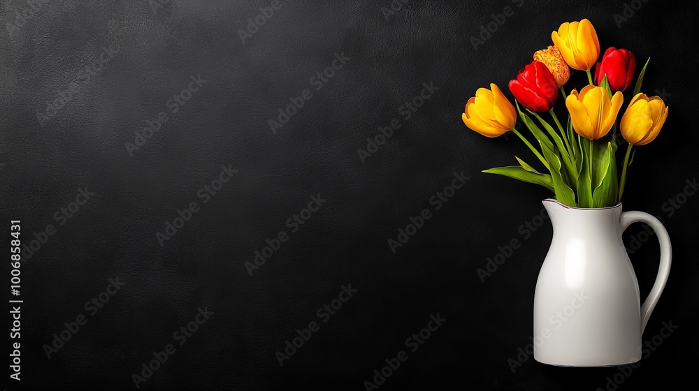 Spring Blooms on Dark Background: Red and Yellow Tulips in a White Pitcher Spring Blooms on Dark Background: Red and Yellow Tulips in a White Pitcher