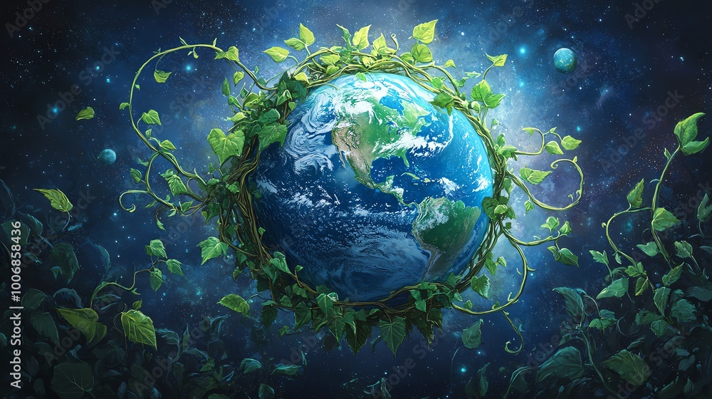 A surreal illustration of planet Earth enveloped in green vines, symbolizing the connection between nature and the universe. A surreal illustration of planet Earth enveloped in green vines, symbolizing the connection between nature and the universe.