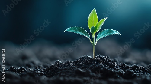 A young green plant seedling growing in fertile soil, symbolizing new beginnings, growth, and potential in nature.