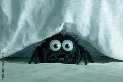 Surprised Cartoon Spider Peeking Under White Bed Sheet - Whimsical Mystery and Spooky Anticipation for Halloween Illustrations