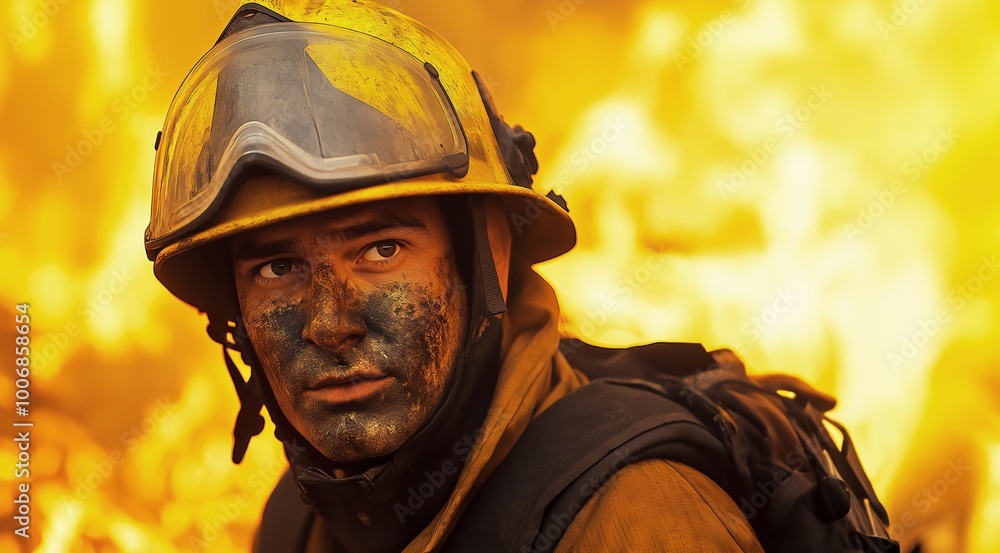 A firefighter in full gear battling intense flames, ash covering his face, focused determination in his eyes, surrounded by the blazing fire, selective focus, copy space
A firefighter in full gear battling intense flames, ash covering his face, focused determination in his eyes, surrounded by the blazing fire, selective focus, copy space