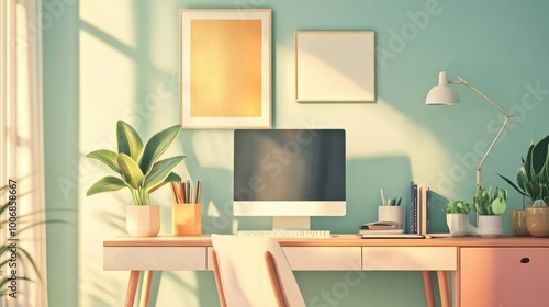 Modern home office in the living room, Convenient, comfortable, nice place to work, Remote work from home, Minimal interior decor design background.